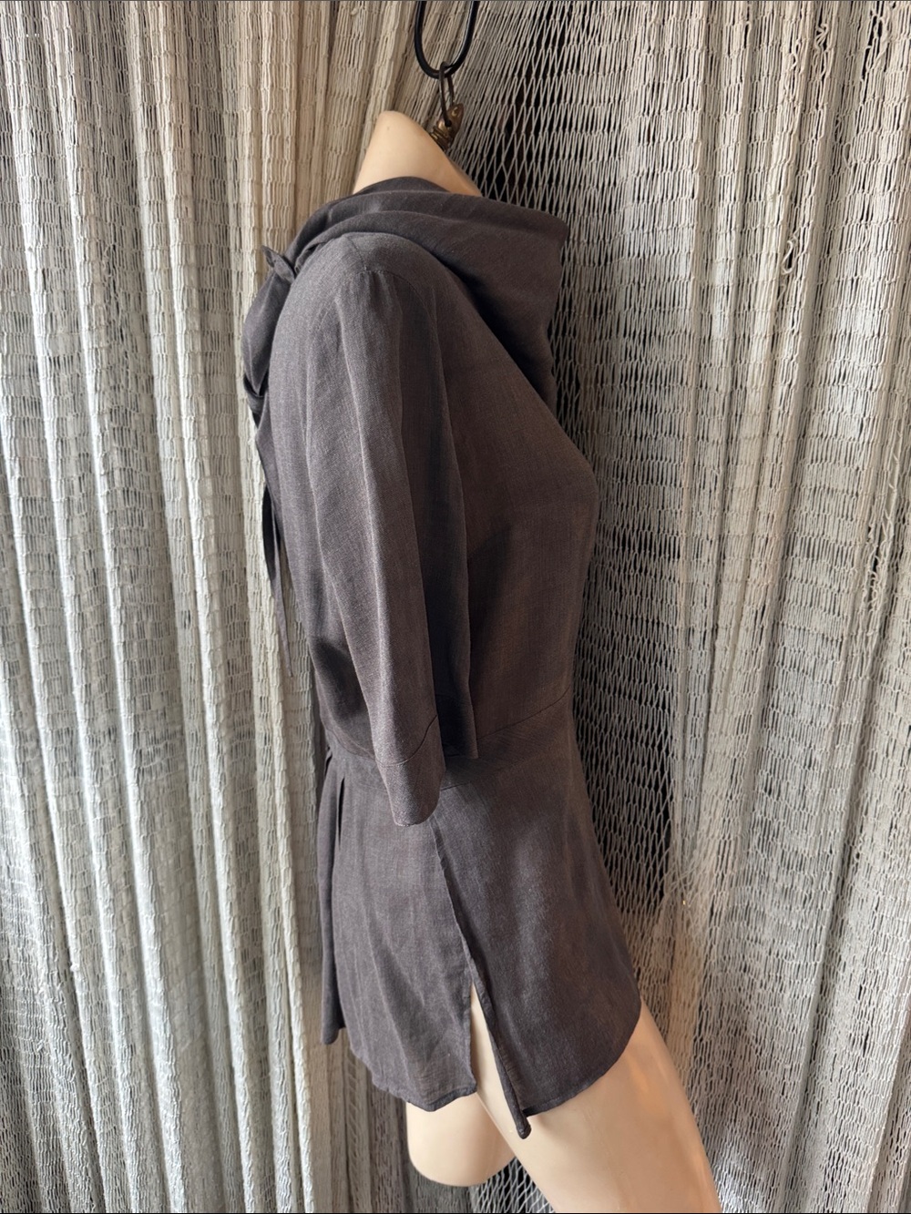 Born Taupe/clove colored Button-Front Peplum 1/2 Sleeve tunic - Picture 3 of 9